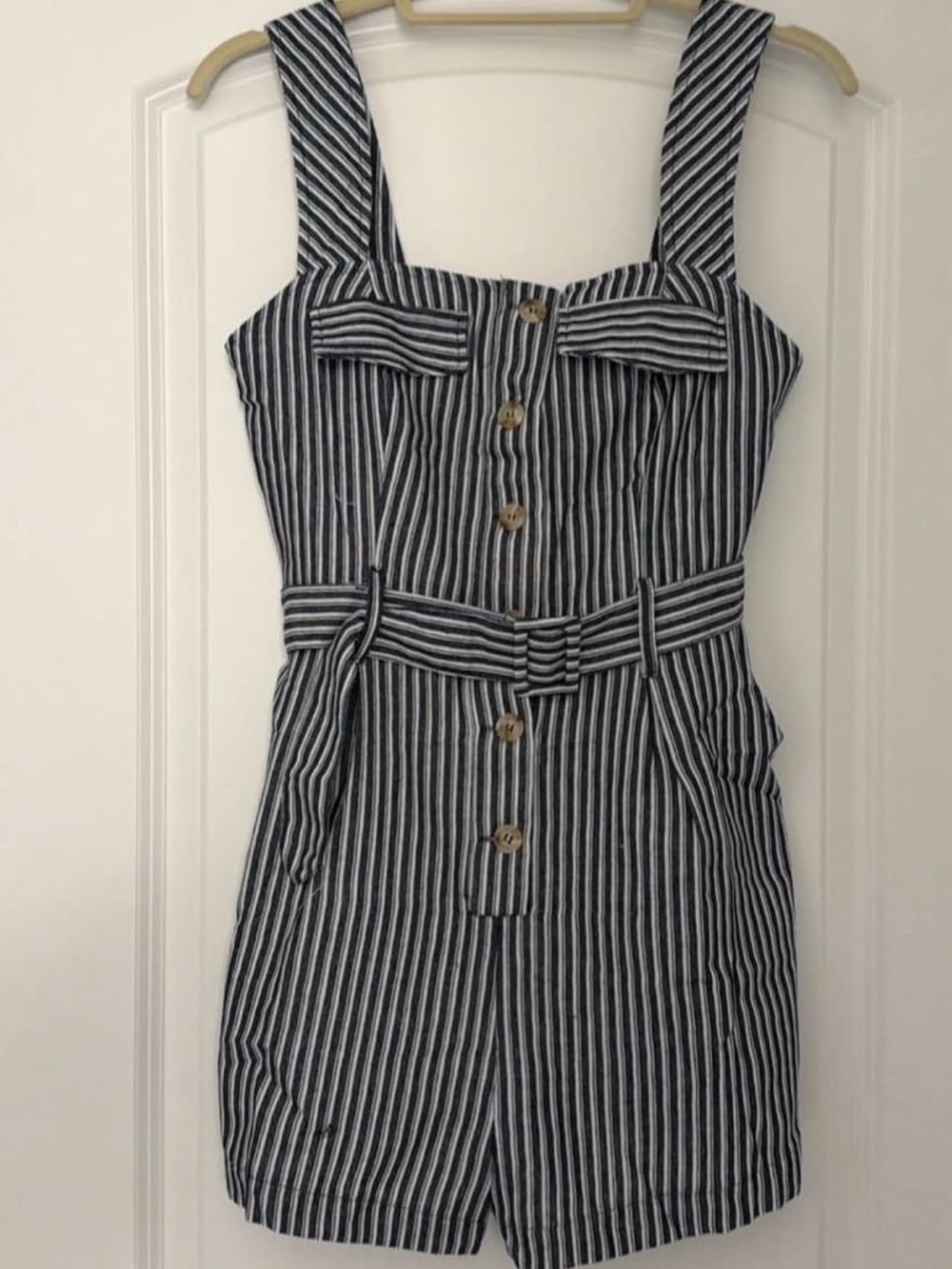 Mustard Seed Navy and White Striped Belted Romper